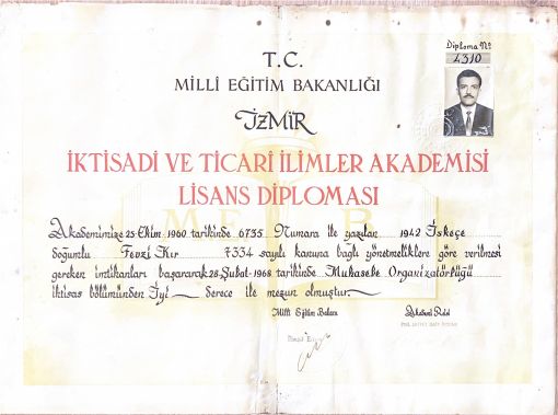 Fevzi Kır'ın 1960 tarihli İzmir İktisadi ve Ticari İlimler Akademisi lisans diploması